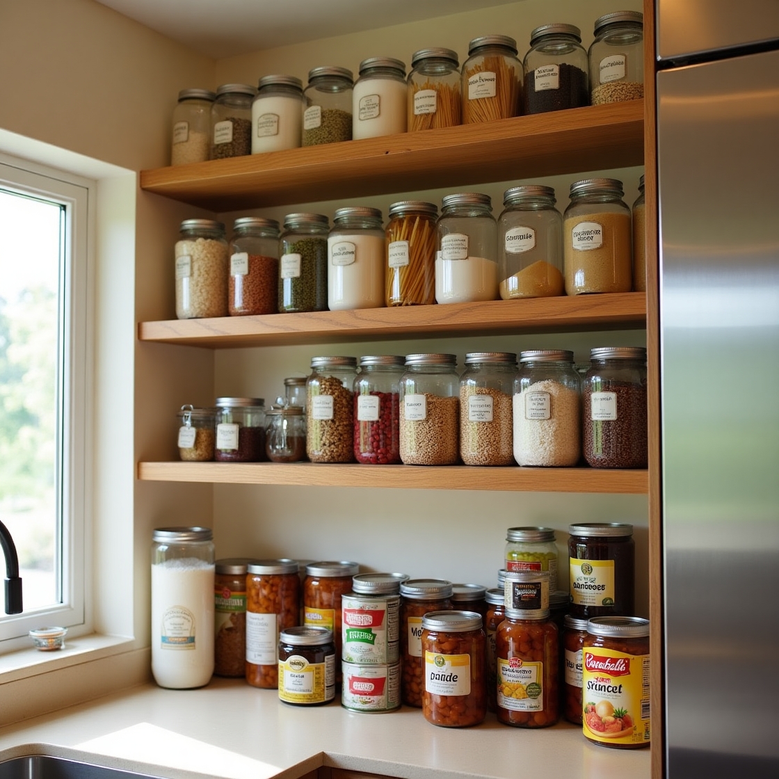 Pantry Items for Everyday Cooking Organized pantry with everyday food staples in labeled jars.