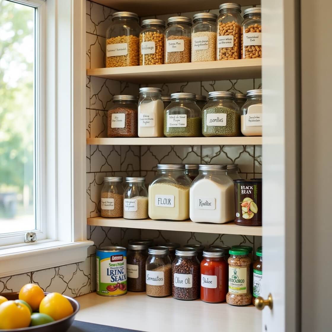 Pantry Items for Everyday Cooking Organized pantry with everyday food staples in labeled jars.