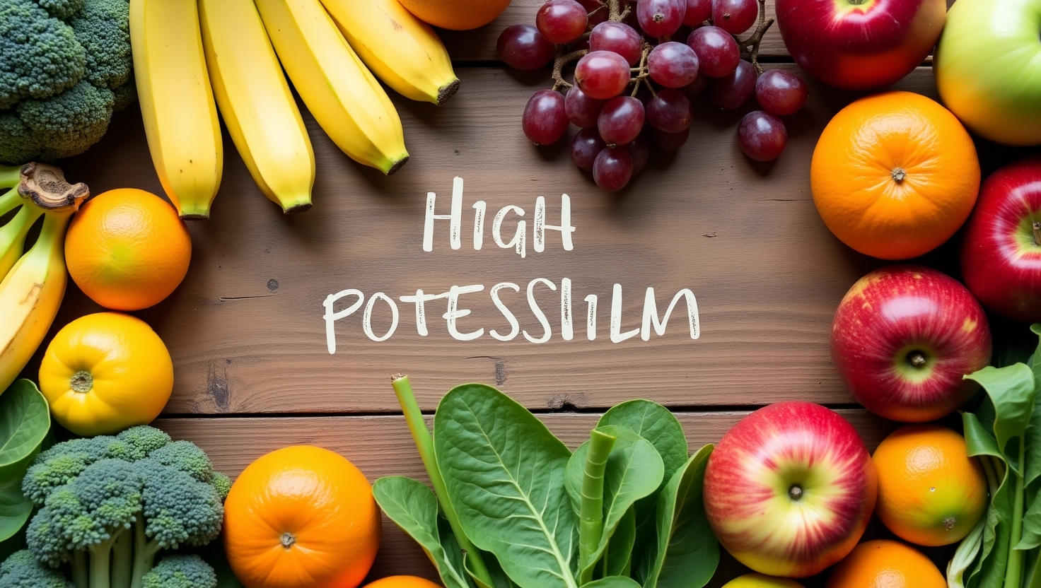 Foods That Contain Potassium and Low Potassium Fruits Fresh fruits and vegetables showing foods high in potassium and low potassium fruits