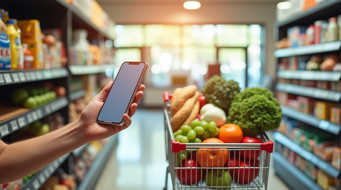 Budget-Friendly Grocery Shopping Tips A shopper holding a smartphone grocery list app while buying fresh produce on a budget.