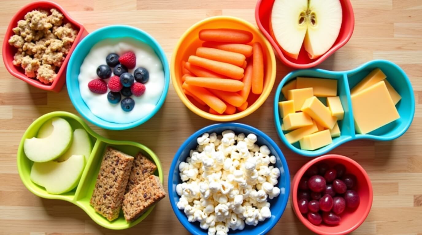 Healthy Snack Grocery List for Kids – Fresh and Fun Options Healthy snack grocery list for kids with fruits, yogurt, cheese, carrots, and granola bars.