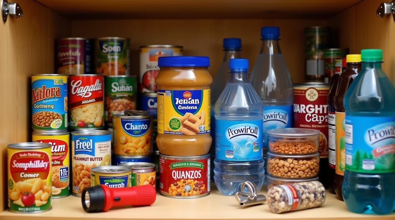 Emergency Grocery List for Power Outages or Storms Emergency grocery list items including canned goods, bottled water, snacks, and a flashlight for power outages or storms.