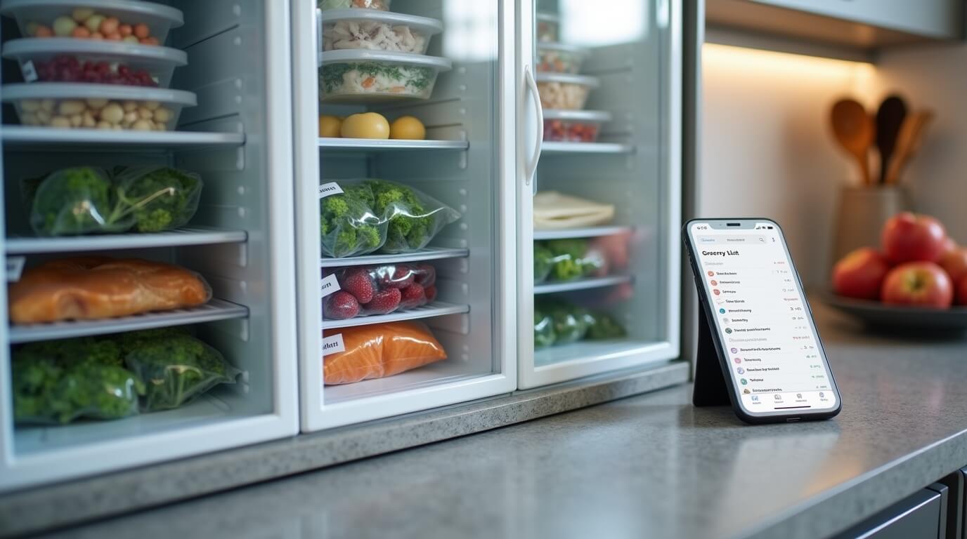 Organized Freezer with Essential Groceries A clean, organized freezer stocked with frozen vegetables, fruits, and proteins alongside labeled meal containers.