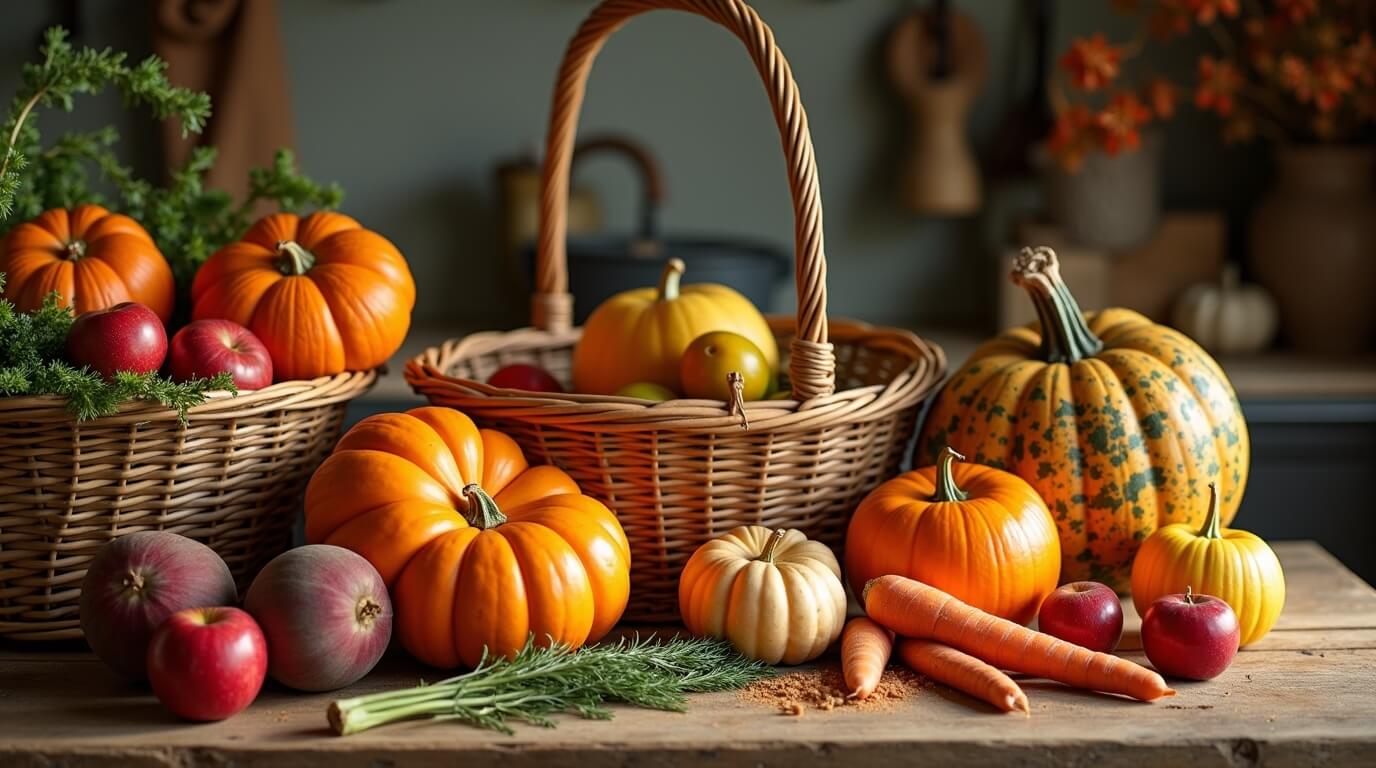 Fall Grocery List Essentials for Cozy Meals Fresh fall groceries including pumpkins, squash, apples, root vegetables, and spices on a rustic kitchen counter.
