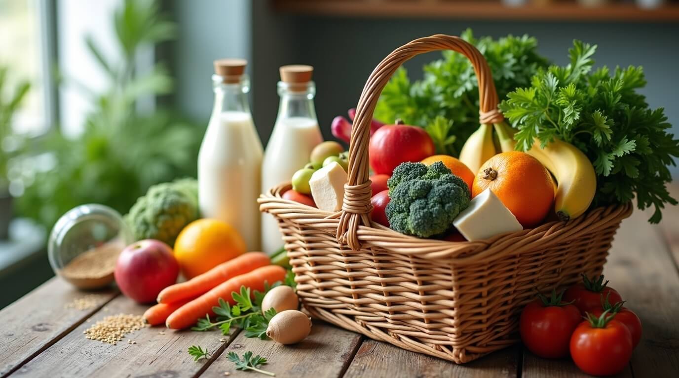 Beginner-Friendly Vegan Grocery List Essentials Fresh vegan groceries including fruits, vegetables, tofu, plant-based milk, and grains on a wooden table.