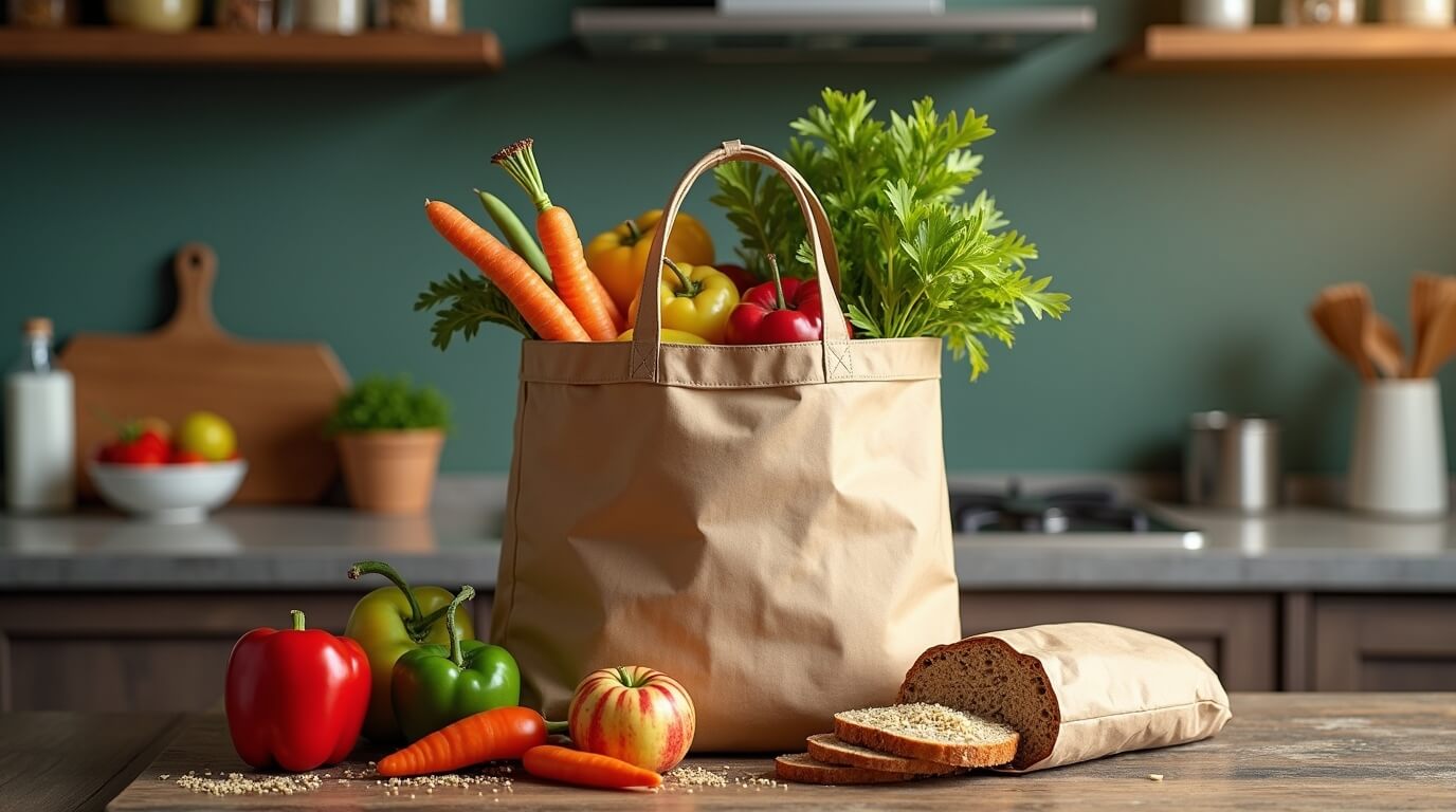 Gluten-Free Grocery List Essentials Grocery bag with gluten-free foods including rice, quinoa, vegetables, fruits, and gluten-free bread.