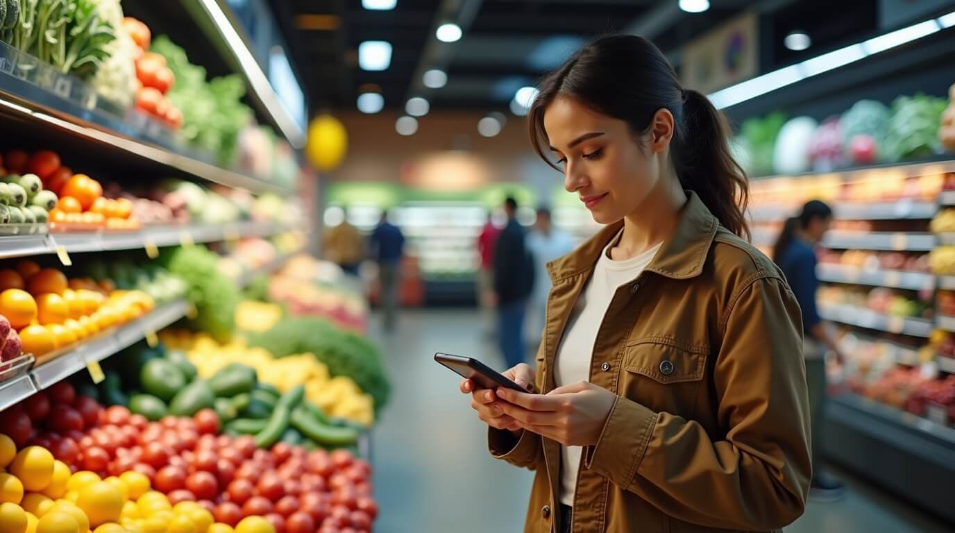 Grocery Shopping Hacks That Save Money Shopper holding a grocery list on a phone in a supermarket produce section.