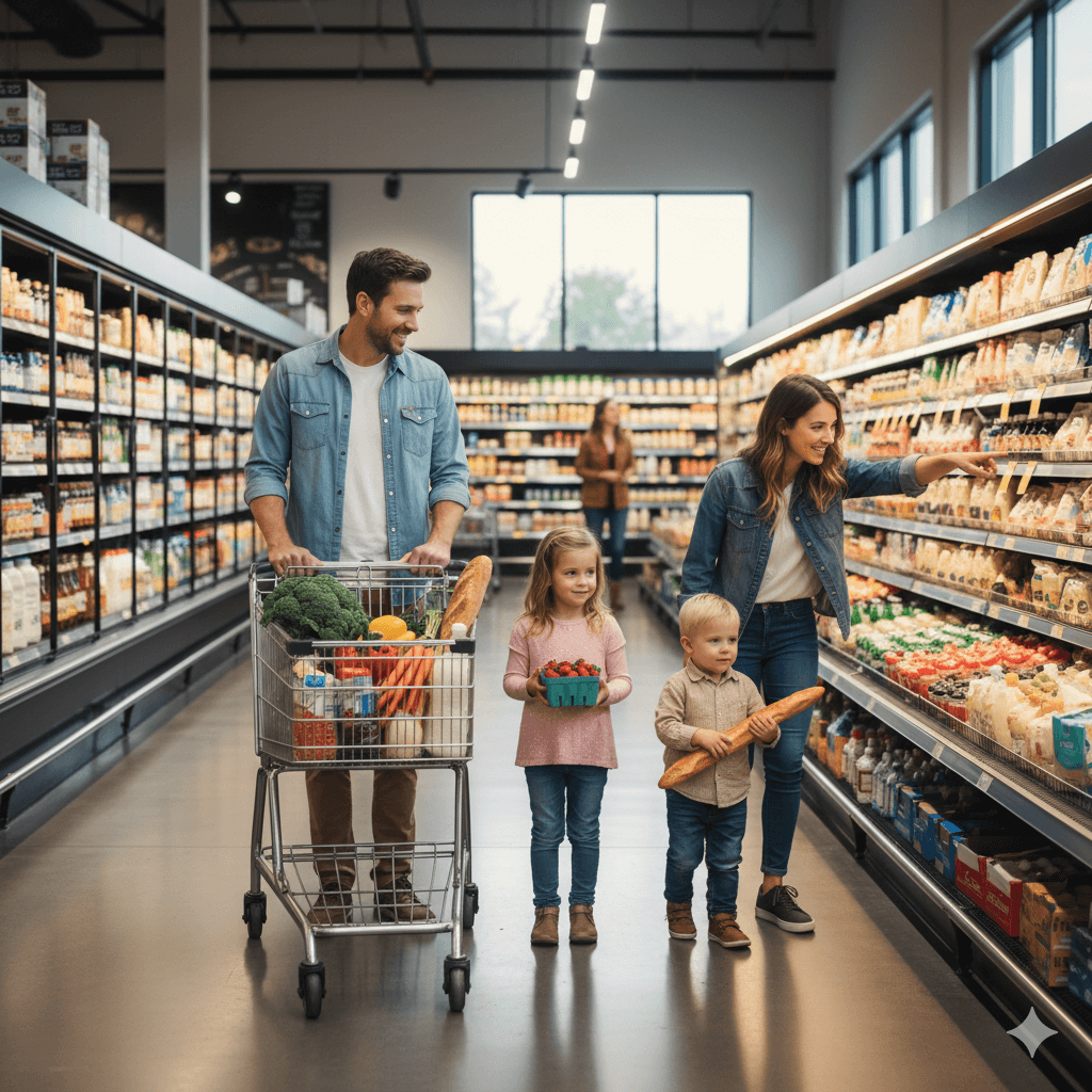 Monthly Grocery Budget for Families Family grocery shopping with a cart full of fresh groceries.