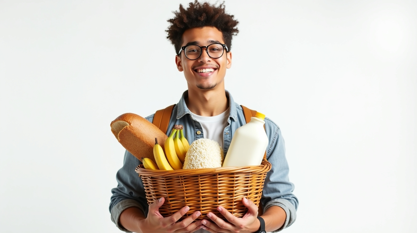 Budget-Friendly Grocery List for College Students College student shopping for affordable groceries like rice, bread, and fruit.