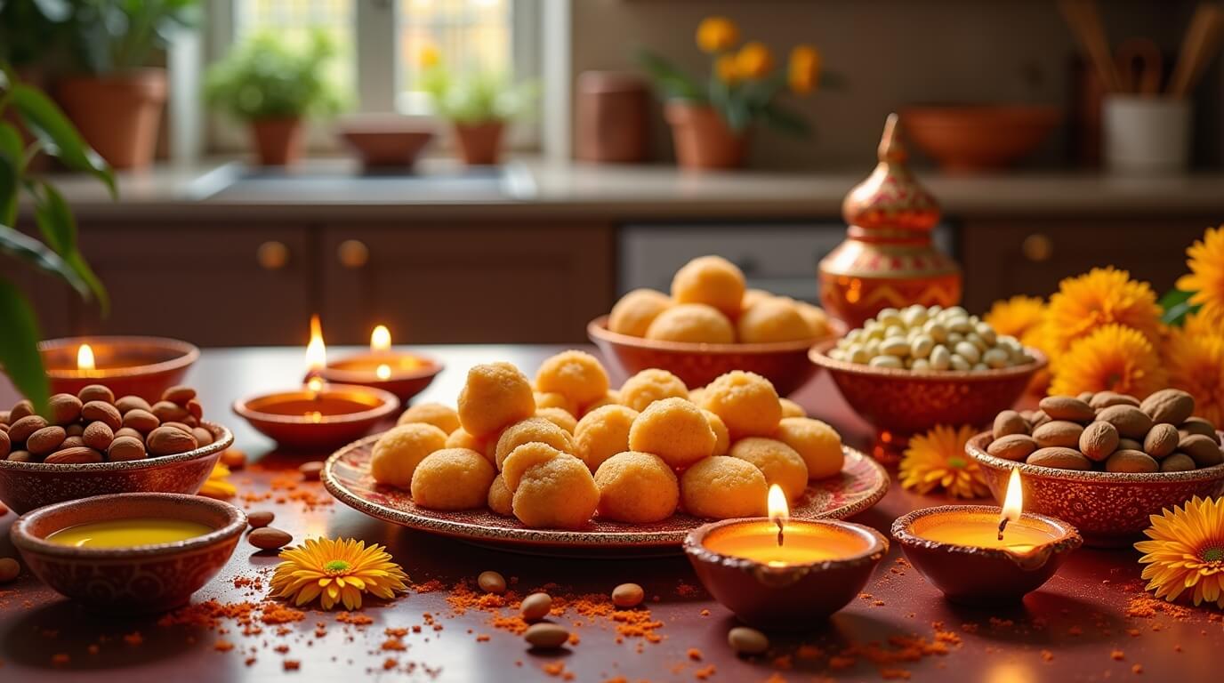 Diwali Grocery Shopping List Essentials Diwali sweets, dry fruits, and diyas on a festive kitchen counter.