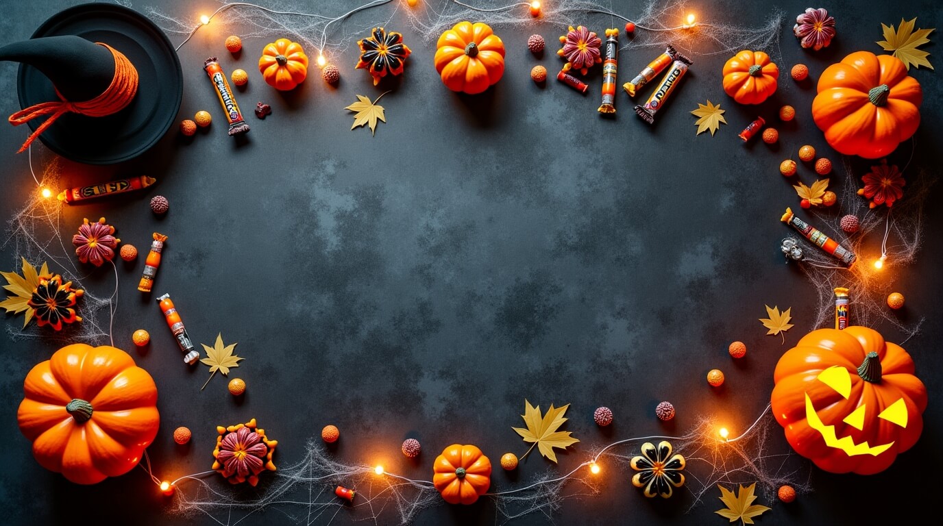 Halloween Shopping List Essentials Halloween candy, pumpkins, and decorations arranged on a table.
