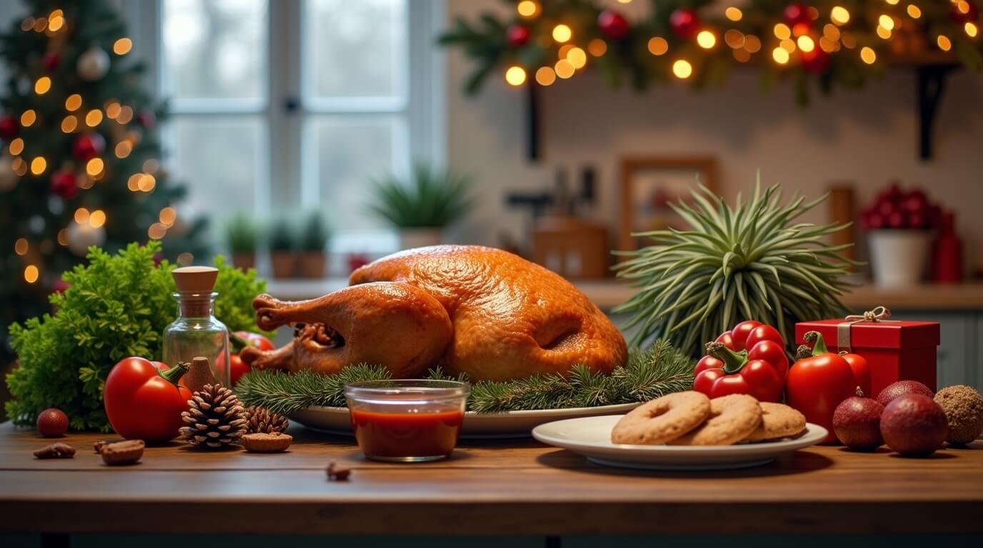 Christmas grocery shopping items arranged on a kitchen table with holiday decorations